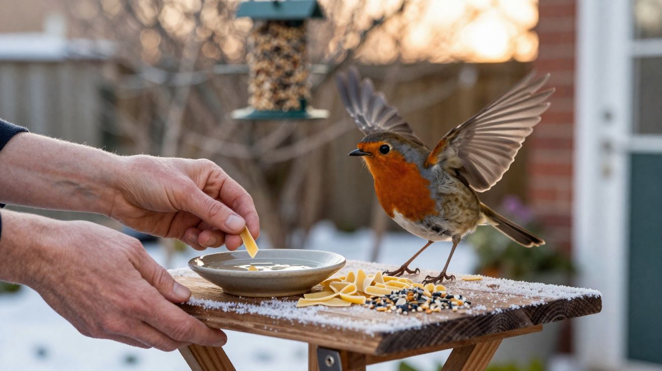 Pasăre cu piept roșu pe o masă de lemn cu semințe și paste, primind hrană din mâinile unui om.
