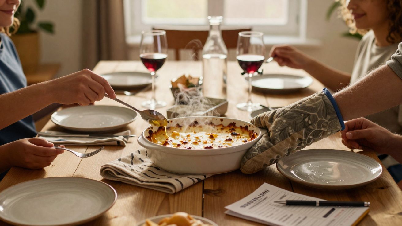 Oală cu mâncare aburindă servită la masă de trei persoane cu pahare de vin roșu.