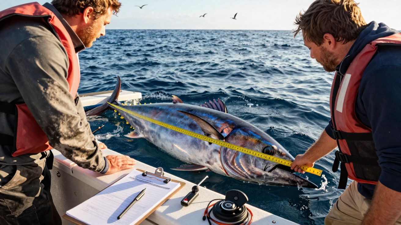 Doi pescari măsoară cu o ruletă un ton mare pe o barcă în mijlocul oceanului.
