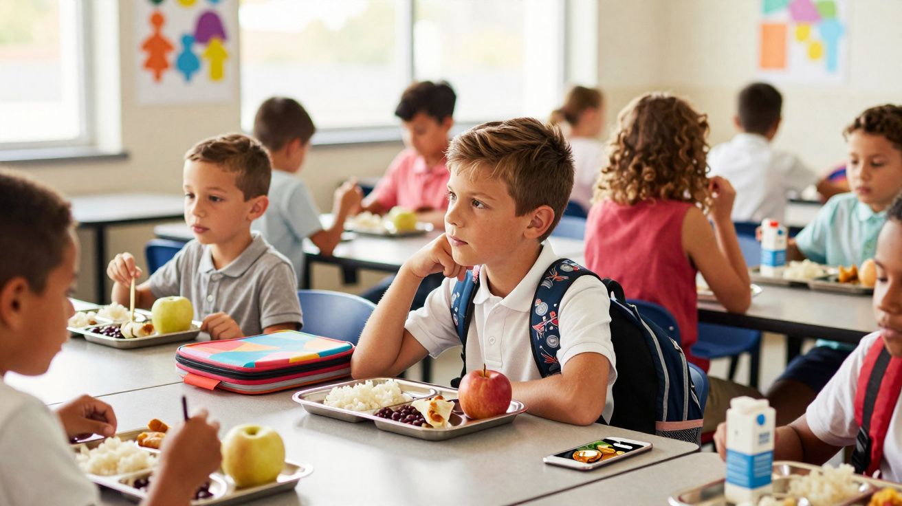 Elevi la cantina școlii mâncând prânzul, un băiat cu rucsac privește în gol la masă.