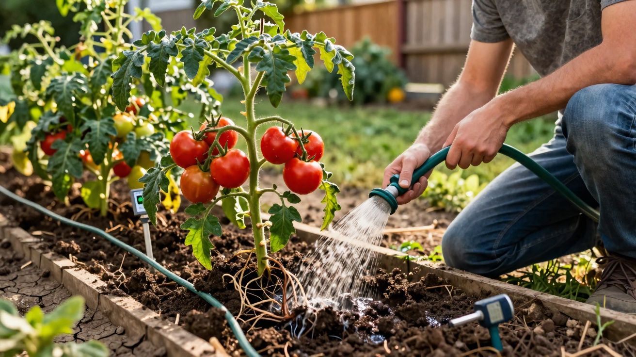 Persoană udând o plantă de roșii cu furtun în grădină, cu roșii coapte pe tulpină.