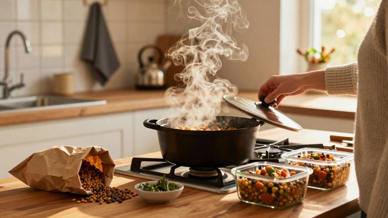 O persoană ridică capacul unui vas cu mâncare fierbinte care aburește pe o plită în bucătărie.