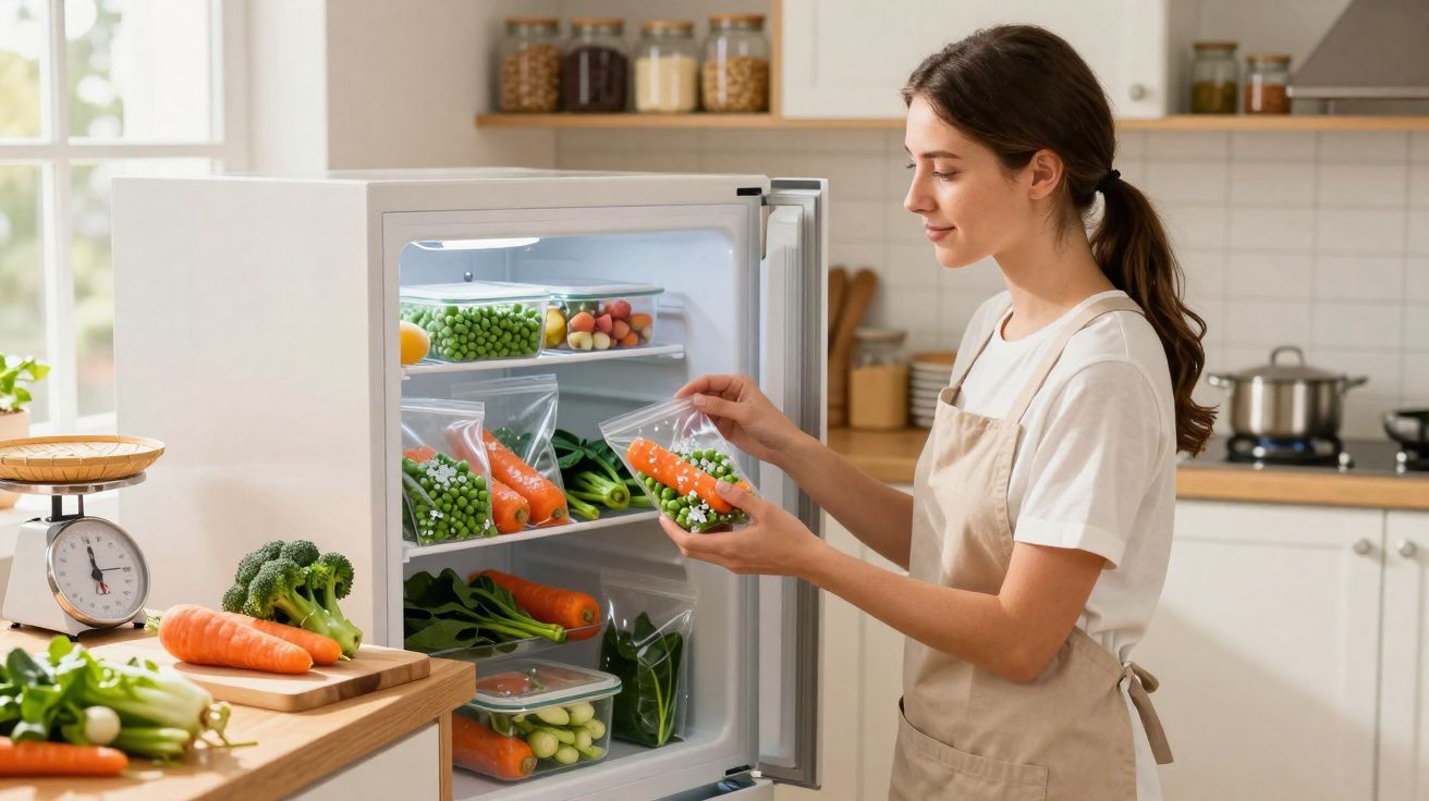 Femeie care pune morcovi și mazăre în pungi resigilabile și depozitează legume proaspete în frigider.