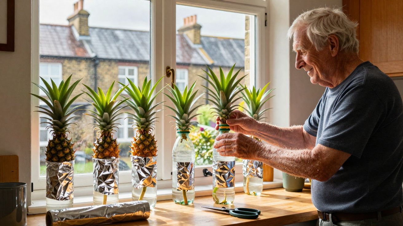 Bărbat în vârstă transferând ananas în sticle pe un pervaz cu lumină naturală.
