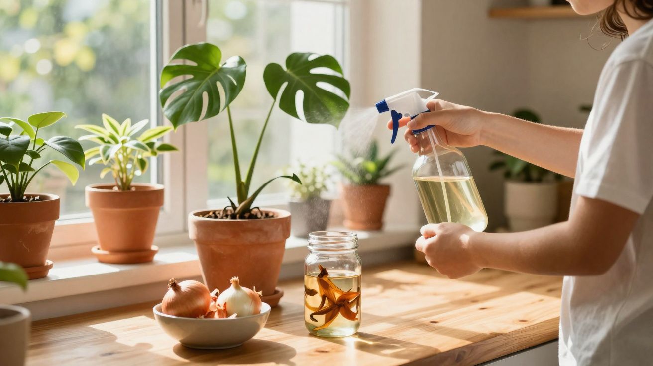 Persoană pulverizând apă pe plante de interior lângă fereastră luminoasă pe pervaz.