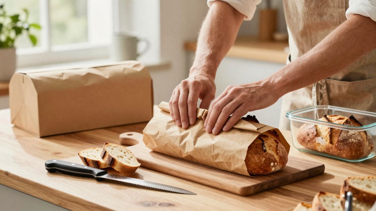 Persoană închizând pâinea proaspăt coaptă în punga de hârtie pe o masă cu cuțit și felii de pâine.