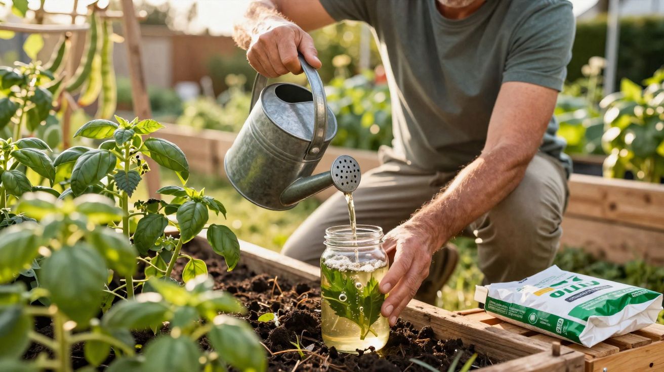 Bărbat umezind plante în grădină folosind apă din ulcior într-un recipient cu frunze verzi.