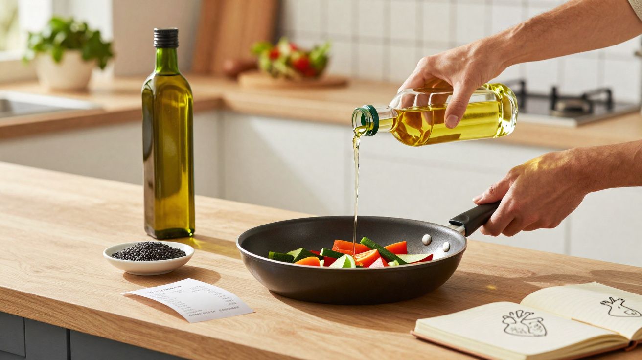 Mâini turnând ulei în tigaie cu legume, pe o blatul de bucătărie modern, cu condimente și carne în fundal.
