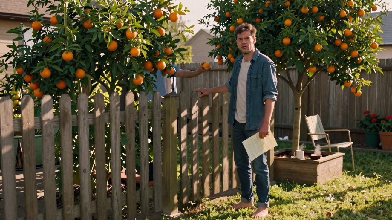 Bărbat în grădină deschizând o poartă lângă copaci cu portocale cu altă persoană invizibilă.