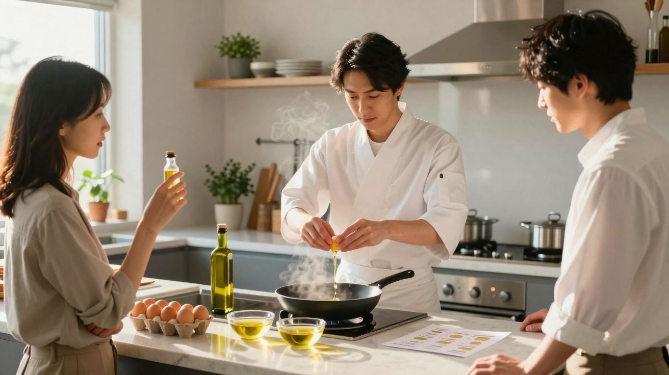 Bărbat în halat alb gătește în tigaie în bucătărie modernă, în timp ce două persoane îl privesc atent.