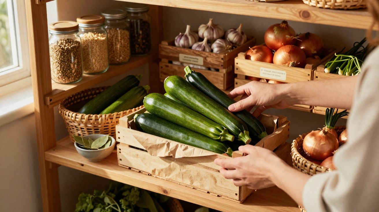 Mâini care aranjează dovlecei verzi într-o ladă de lemn pe un raft lângă usturoi și ceapă.