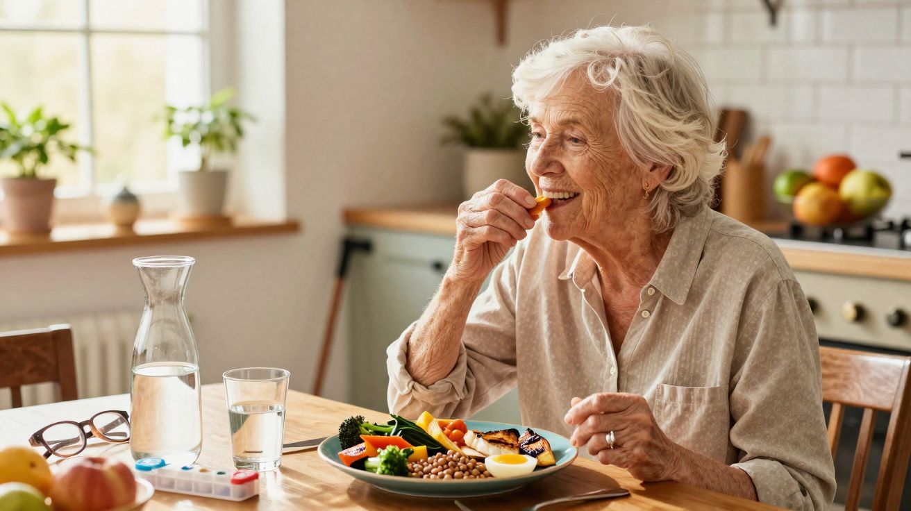 Femeie în vârstă mâncând o gustare sănătoasă la masă, cu legume și ou fiert în bucătărie luminoasă.