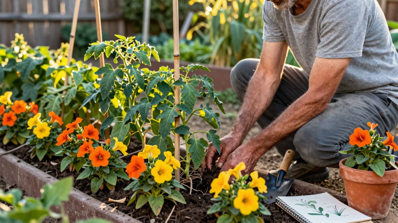 Bărbat grădinărește, plantează flori portocalii și galbene lângă răsad de roșii într-un solar urban.