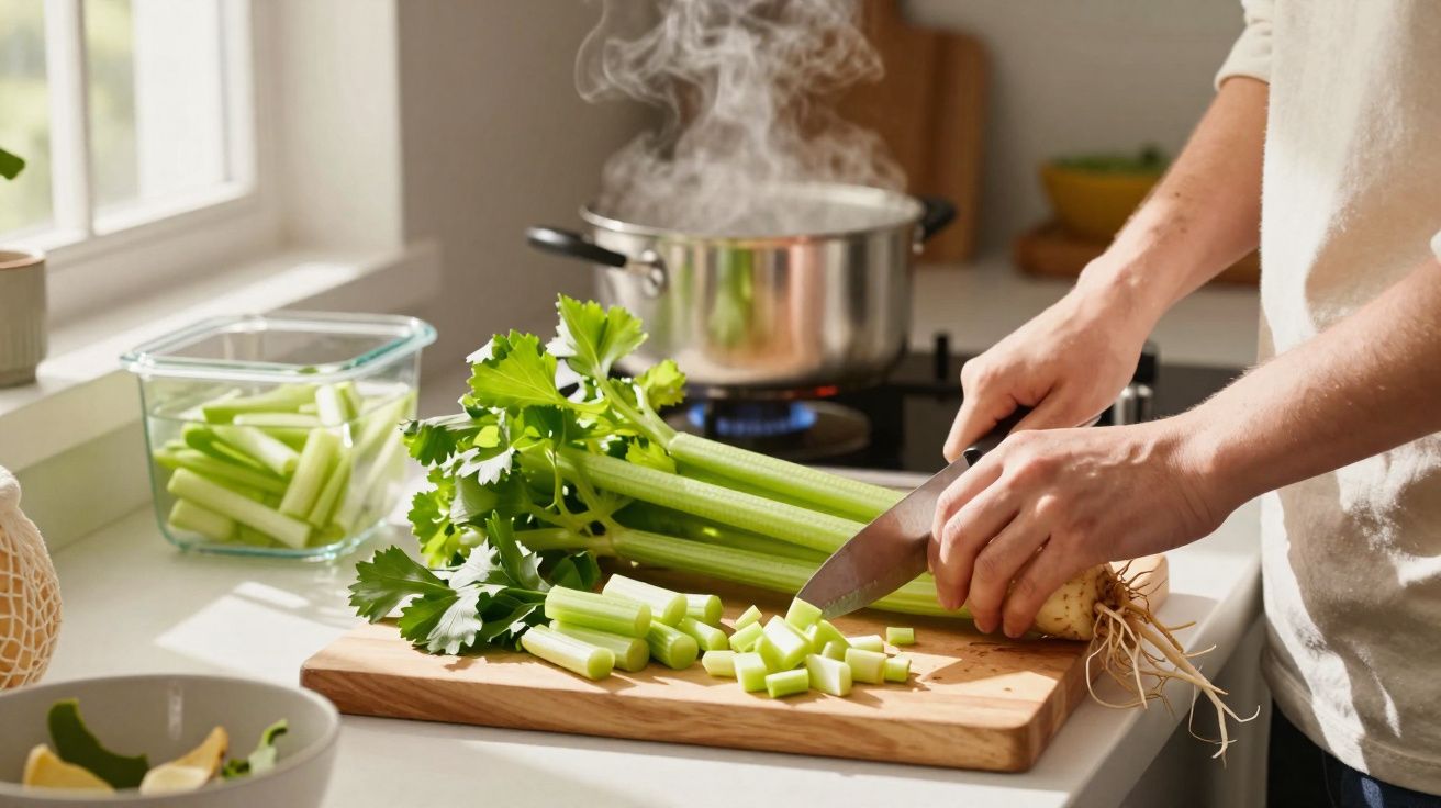 Persoană tocând țelină pe tocător în bucătărie cu o oală cu aburi pe aragaz lângă fereastră.