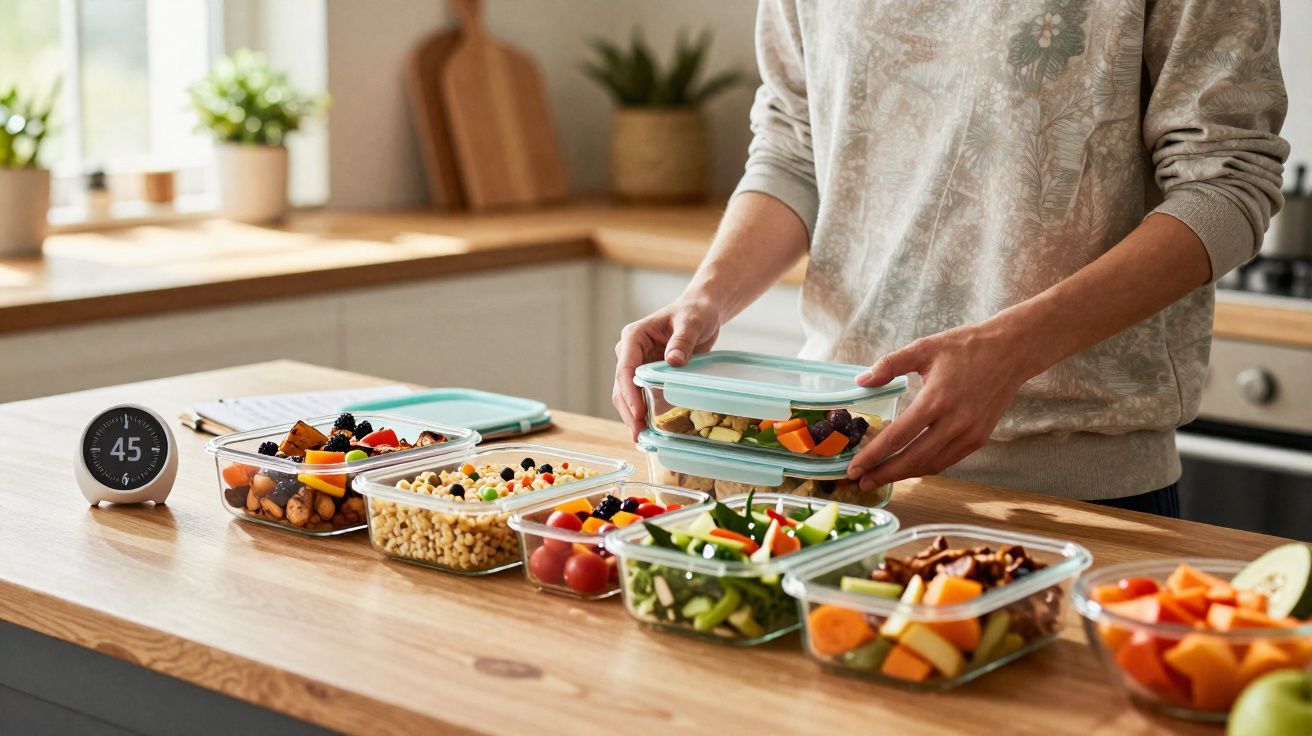Persoană în bucătărie pregătind caserole cu legume și mâncare sănătoasă pentru depozitare.