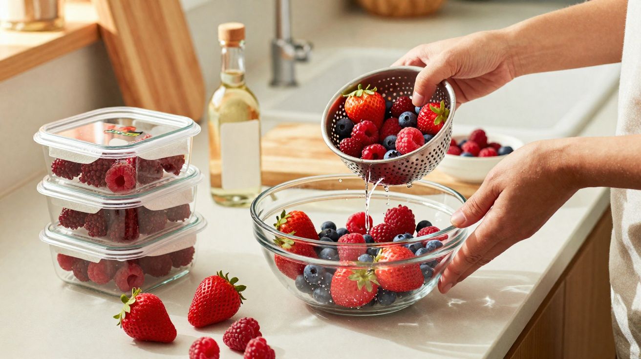 Persoană curăță fructe de pădure cu apă într-un castron pe blatul bucătăriei.