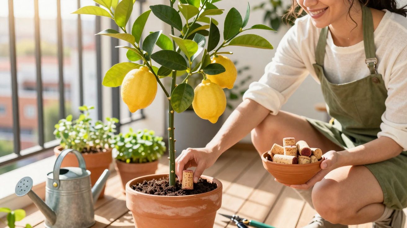 Femeie zâmbitoare pune dopuri de plută în ghiveci cu lămâi la soare pe balcon.