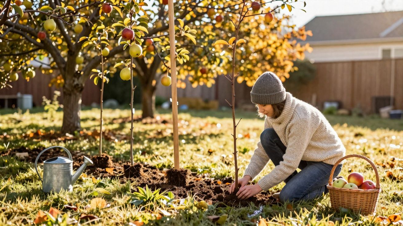 Femeie tânără plantează un pom în grădină toamna, cu coș de mere și stropitoare lângă ea.