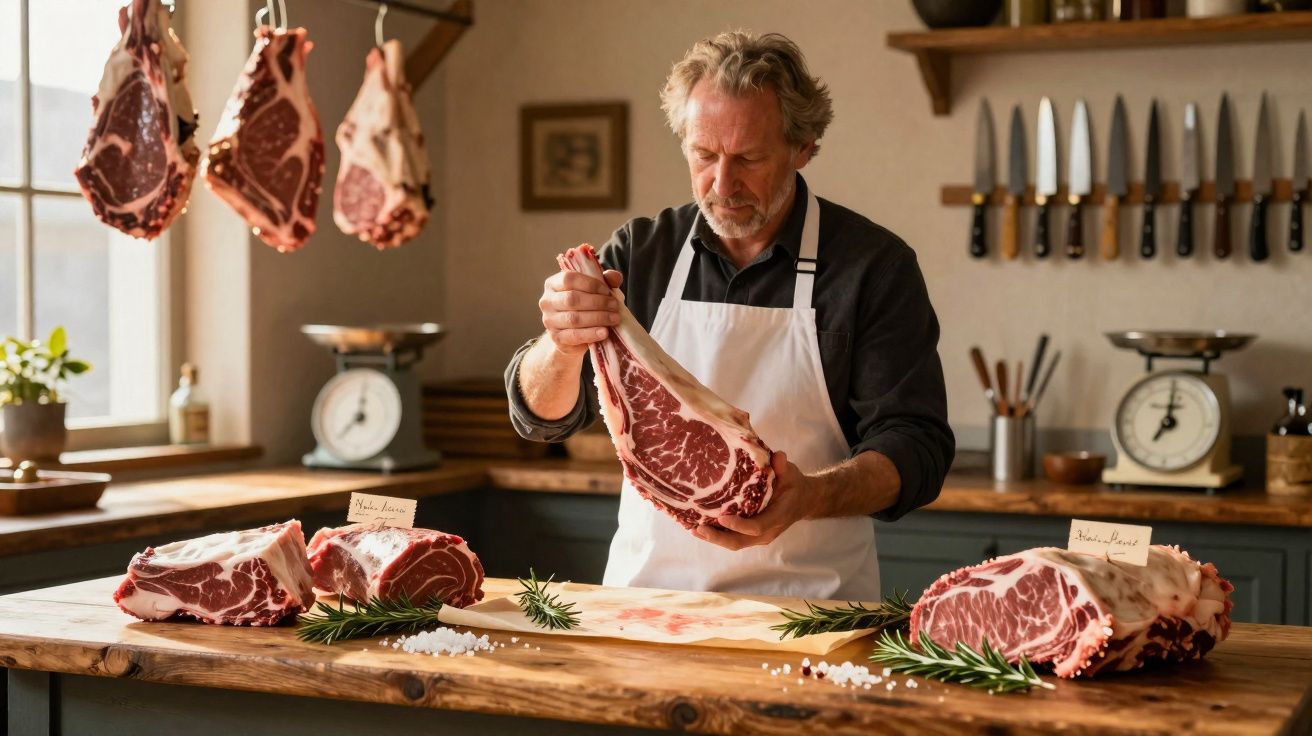 Bucătar matur în șorț alb ținând o bucată mare de carne în bucătăria rustică cu carne agățată și cuțite pe perete.