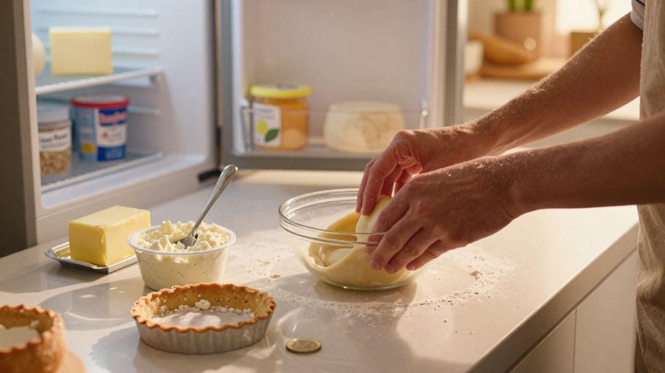Mâini care întind aluat într-un bol, pe un blat de bucătărie cu ingrediente și forme de tartă lângă frigider deschis.