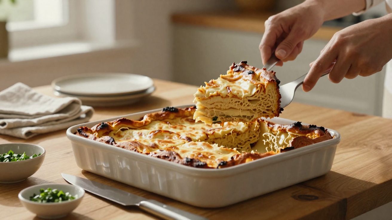 Felie de plăcintă cu foi și brânză scoasă dintr-o tavă ceramică albă.