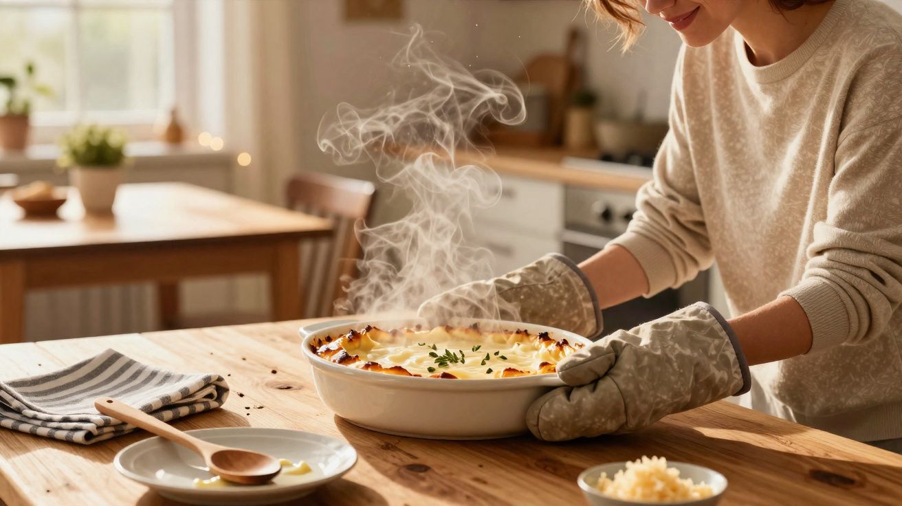 Persoană scoate mâncare aburindă din cuptor, așezând-o pe masa de lemn din bucătărie.