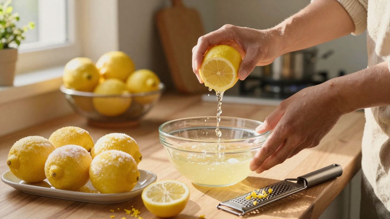 Mână stoarce lămâie într-un bol transparent pe o masă de bucătărie cu lămâi proaspete și răzătoare.