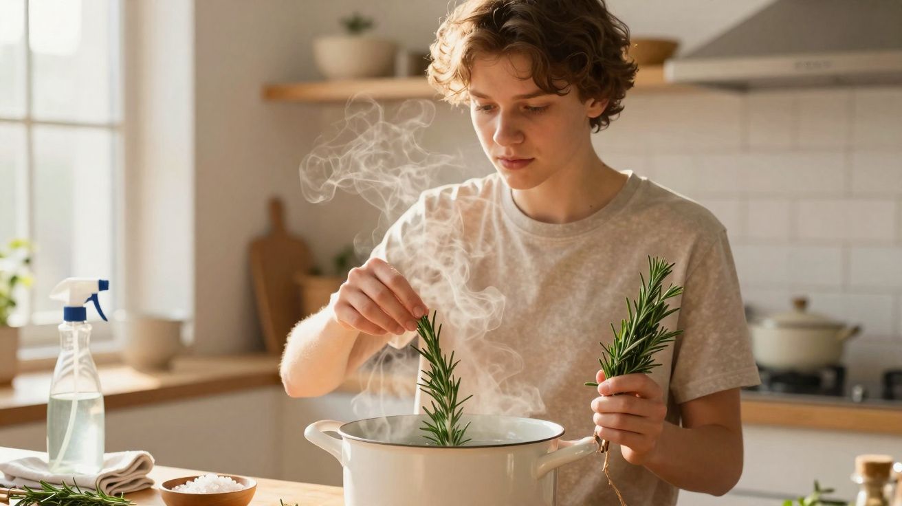 Tânăr adaugă crenguțe de rozmarin într-o oală cu aburi, pregătind mâncarea în bucătărie luminoasă.