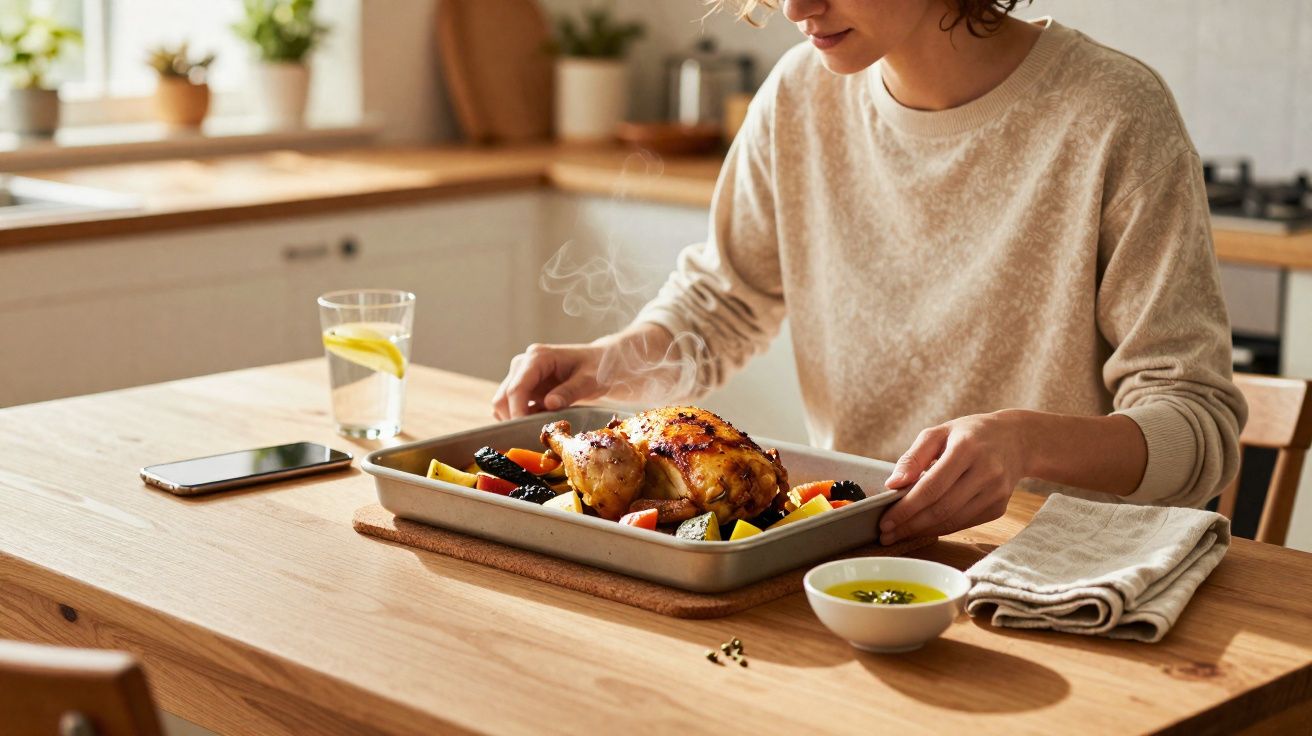 Persoană pregătind să servească pui copt cu legume proaspete, așezat pe o masă de lemn în bucătărie luminoasă.