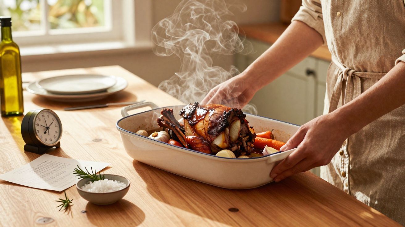 O persoană în șorț ține un vas cu pui fript aburind, alături de legume și condimente pe o masă de lemn.