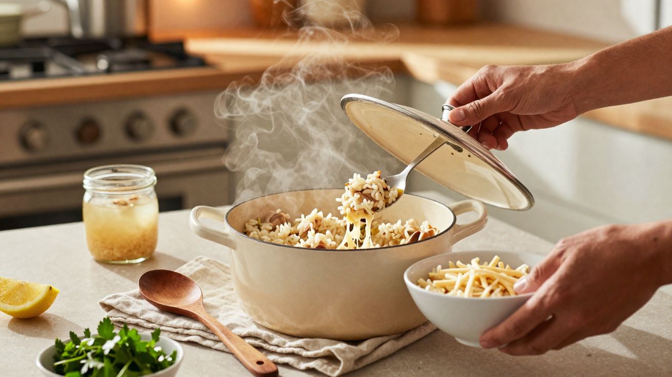 O mână scoate o porție aburindă de orez cu legume dintr-o oală pe o masă de bucătărie.