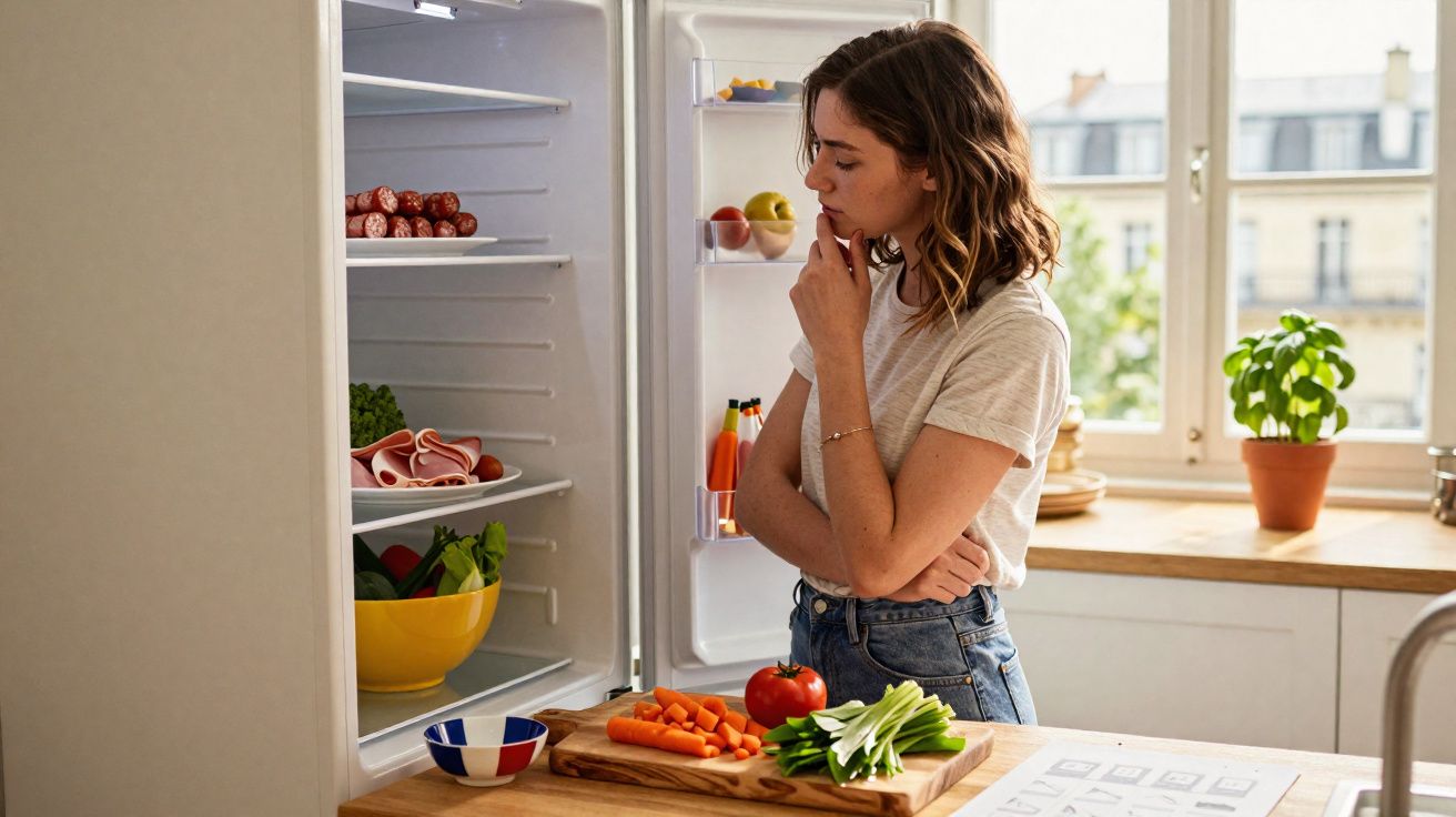 Femeie gândește în fața frigiderului deschis în bucătărie luminată cu legume pe blatul de lemn.
