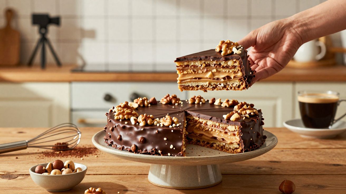 Felie de tort cu ciocolată și nuci așezată pe un platou ceramic, cu cafea pe fundal.