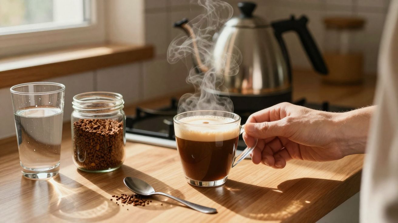 Mână care ține o ceașcă de cafea aburindă pe un blat de bucătărie cu un borcan de cafea și un pahar cu apă.