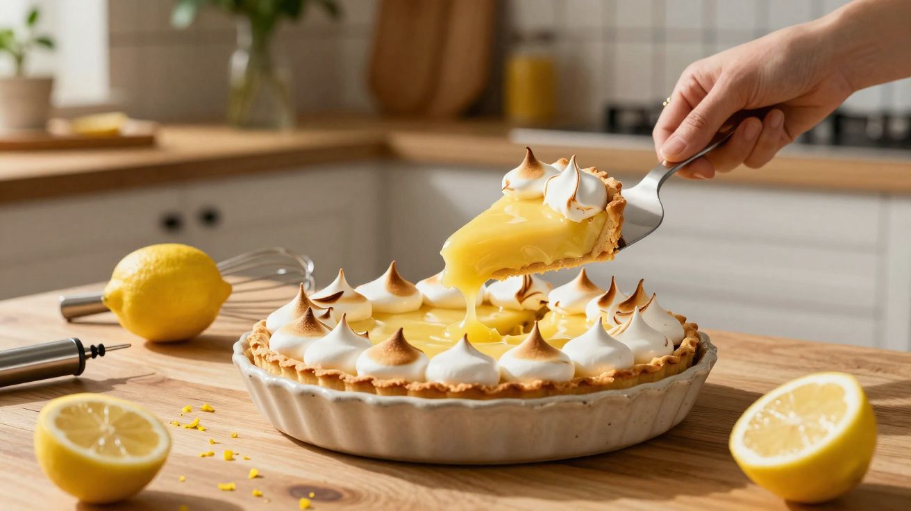 Felie de tartă cu lămâie și bezea aurie ridicată de o spatulă în bucătărie.