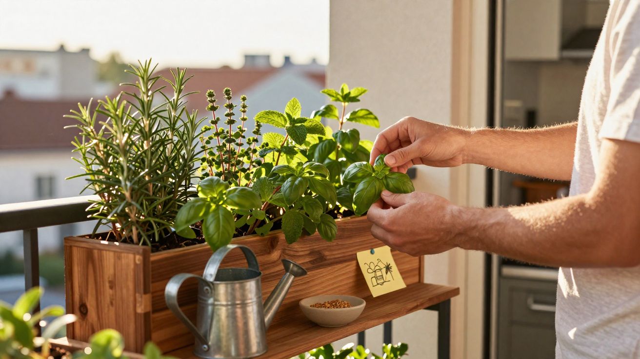 Persoană îngrijind plante aromatice pe pervazul unui balcon într-o zi luminoasă de vară.