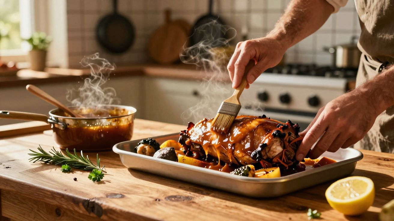 Persoană unsă cu pensula sos cald peste friptură rumenită într-o tavă în bucătărie cu aburi vizibili.