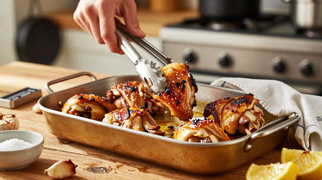 Mână care ridică bucăți de pui la cuptor glazurate, într-o tavă metalică pe o masă de lemn.