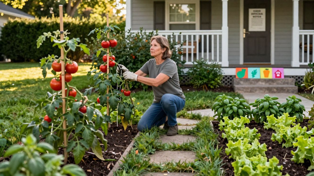 Femeie îngrijind roșii într-o grădină de legume din fața casei, în timpul zilei cu soare.