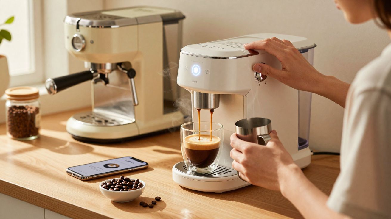 Femeie preparând cafea cu aparat automat alb pe o masă cu boabe de cafea și telefon mobil.