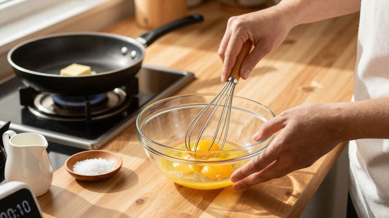 Persoană bate ouă într-un bol de sticlă pe blatul din lemn, tigaie cu unt pe aragaz în fundal.