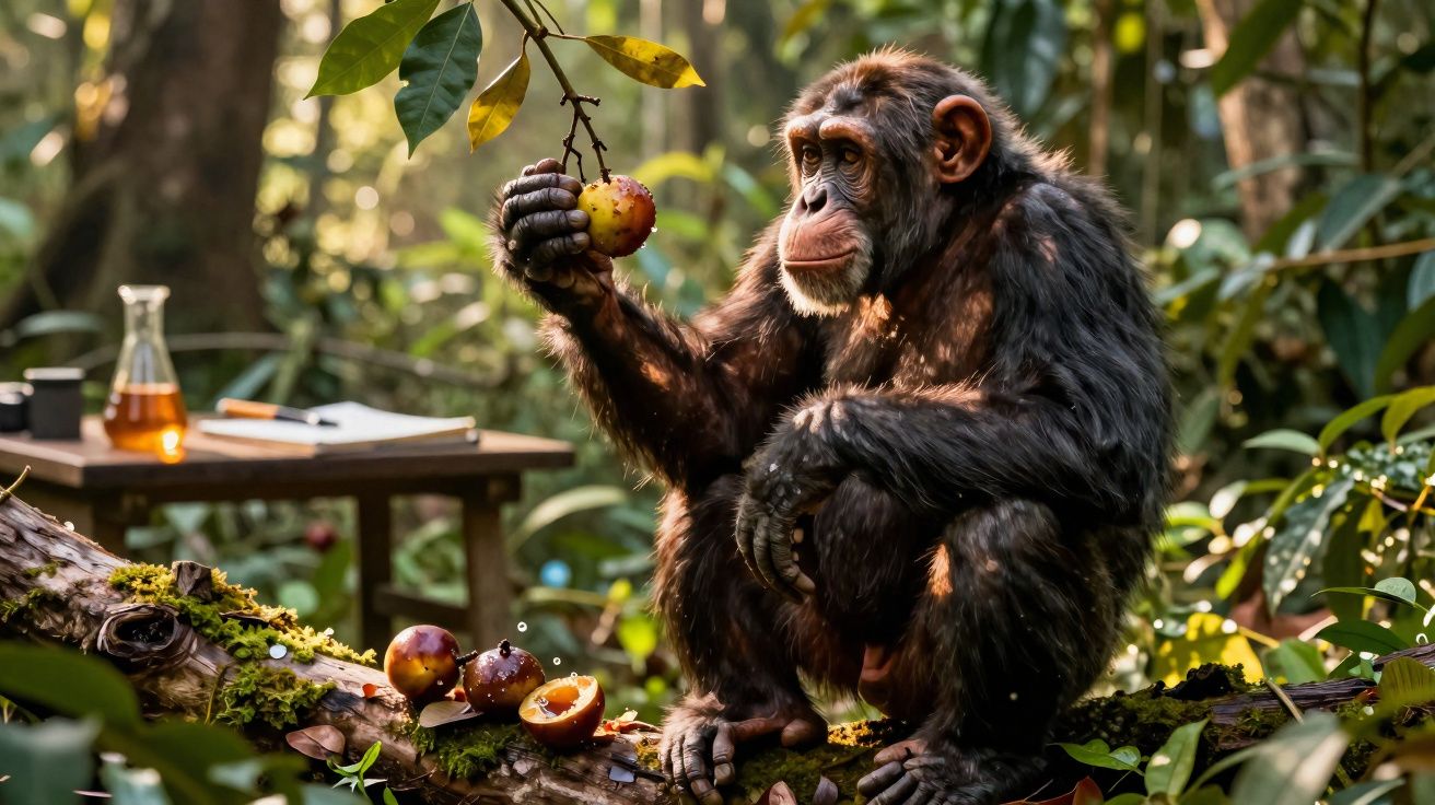Maimuță cimpanzeu ținând o piersică în mână, în pădure, cu fructe tăiate pe o creangă.
