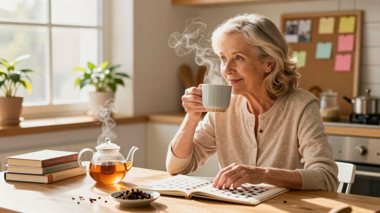 Femeie în vârstă savurând ceai cald în bucătărie, stând la masă cu o carte deschisă și o ceainic aburind.