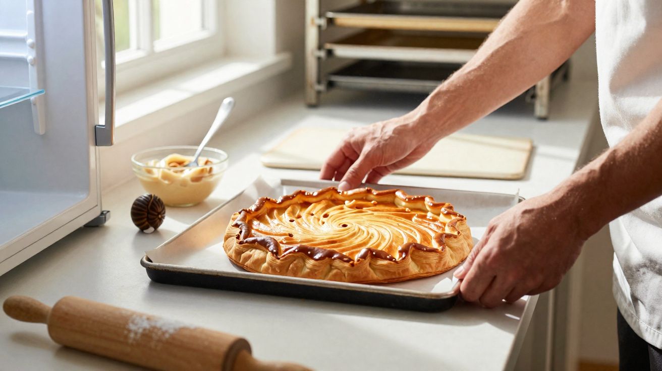 Persoană scoate o tartă coaptă din cuptor, pe blat lângă un bol și un sucitor de lemn.