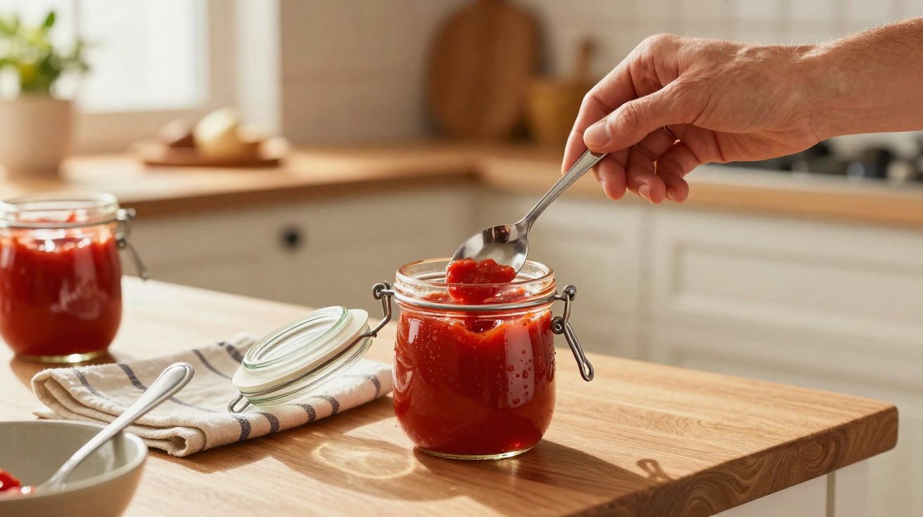 Mână care ia sos roșu cu lingura dintr-un borcan pe o masă din lemn în bucătărie luminoasă.