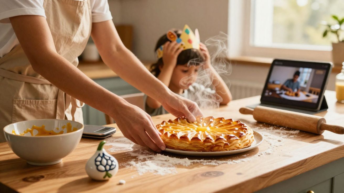 Persoană așezând o tartă aburindă pe o masă de bucătărie, copil cu coroană pe cap în fundal urmărind o rețetă online.
