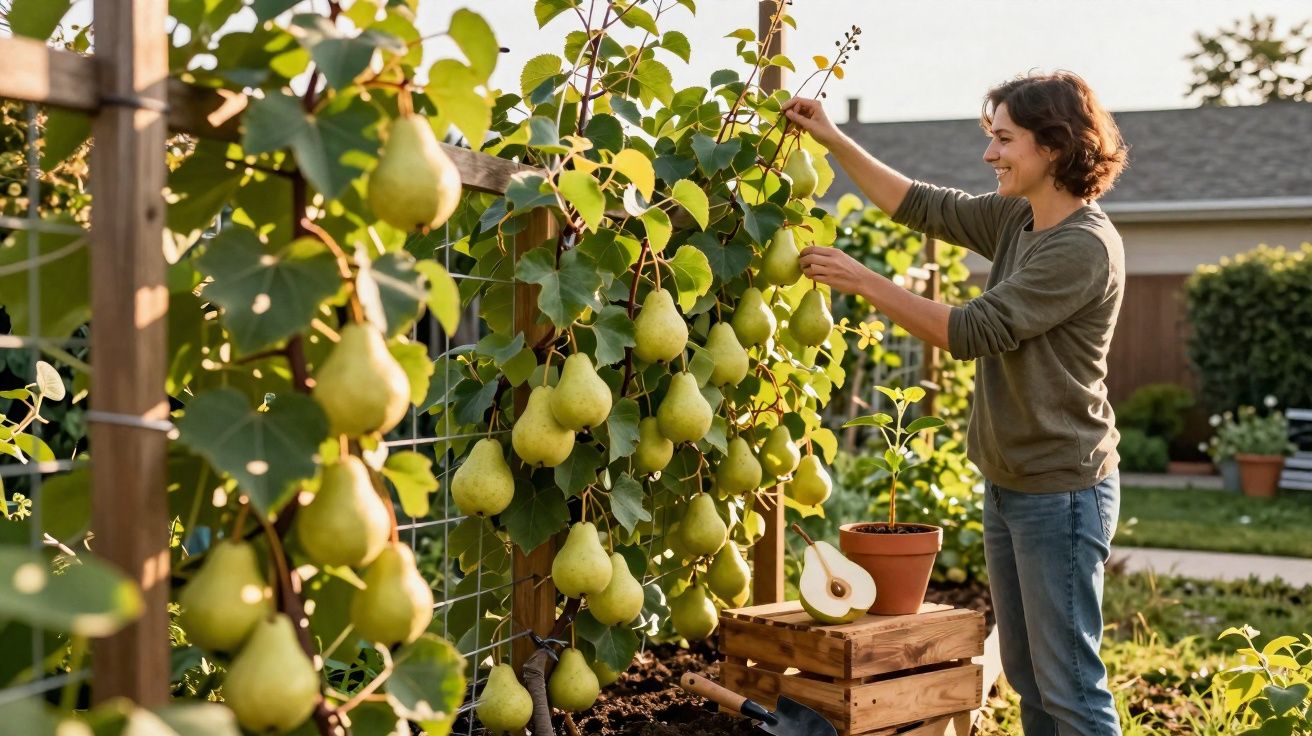Femeie culegând pere coapte de pe un gard în grădina luminoasă de acasă.