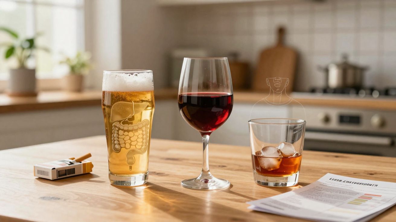 Trei pahare cu bere, vin roșu și băutură cu gheață pe masă, alături de țigări și o listă dietetică.