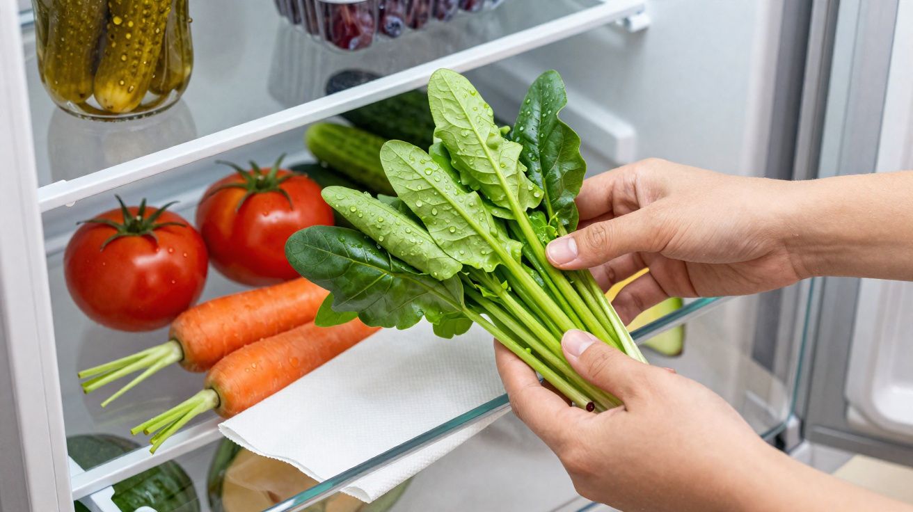 Mâini care țin frunze proaspete de spanac în fața unui frigider cu legume precum roșii, morcovi și castraveți murați.
