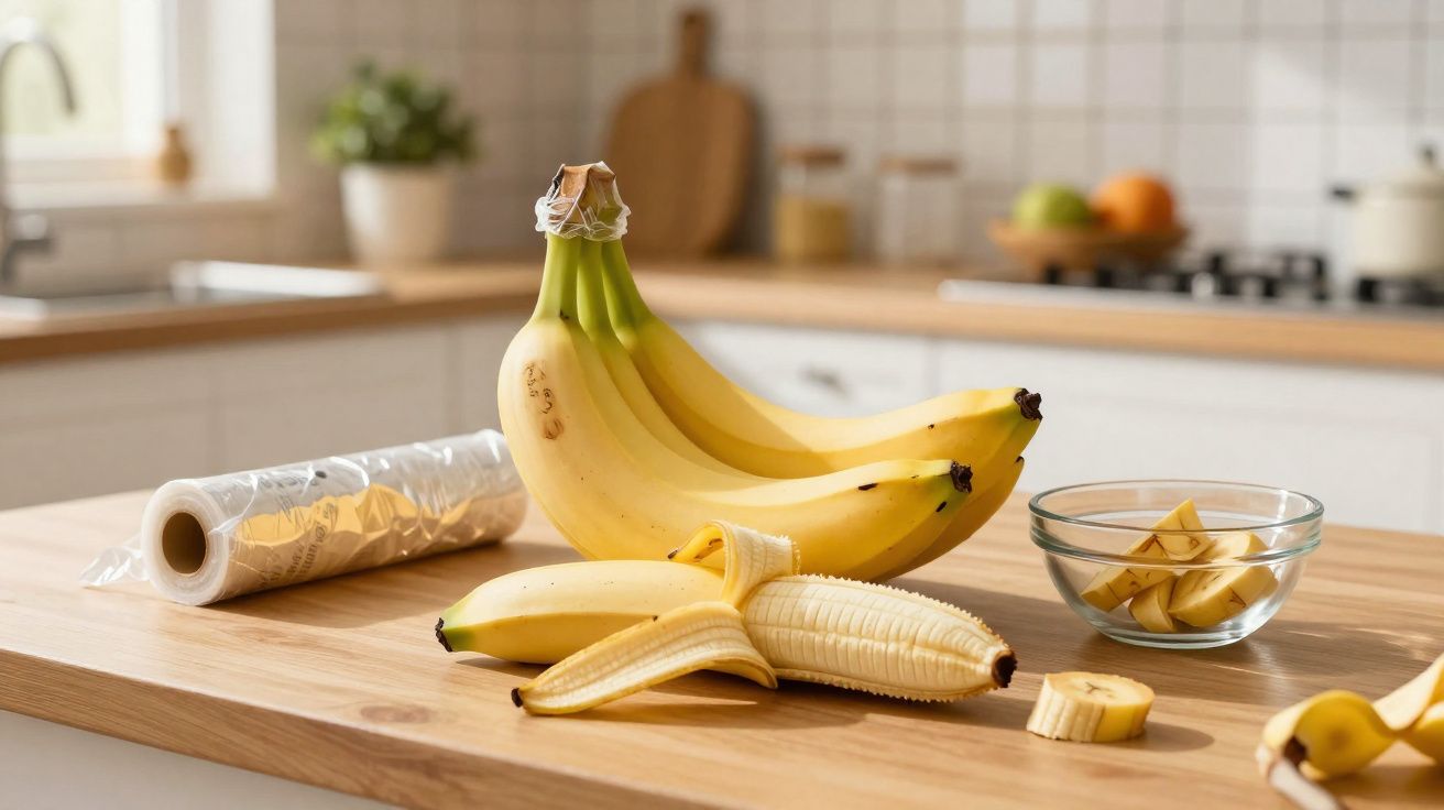 Banană decojită și trei banane întregi pe o masă de bucătărie lângă un bol cu bucăți de banană și folie alimentară.